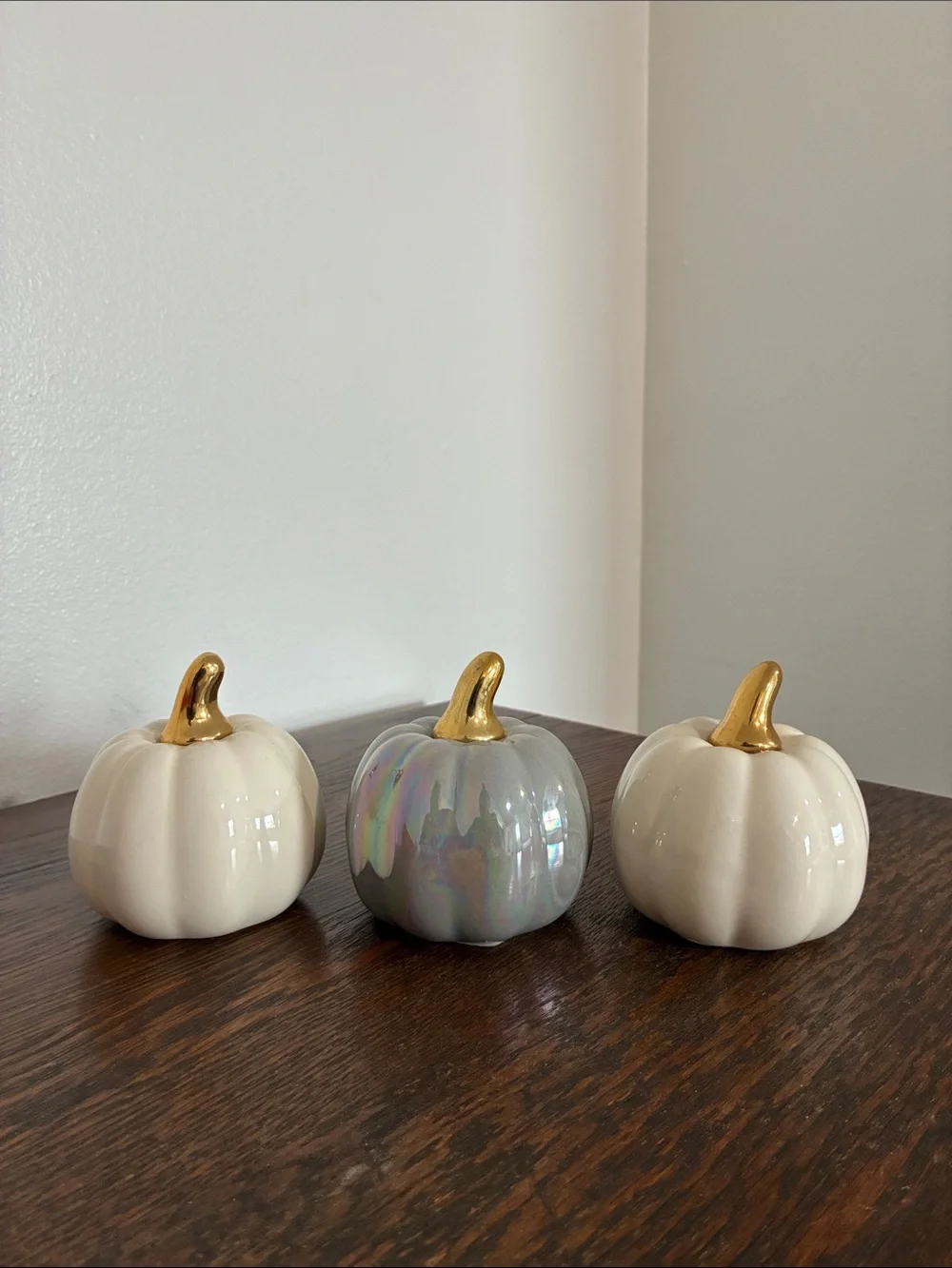 NWT- Set of 3- White & Gray Pearl Iridescent- Ceramic Pumpkins with Gold Stems